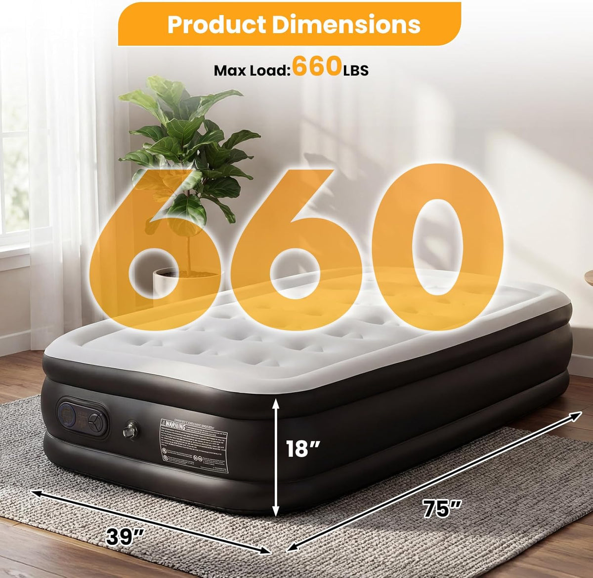 Air Mattress with Built-in High Capacity Pump Weight Capacity, Non-Slip Bottom